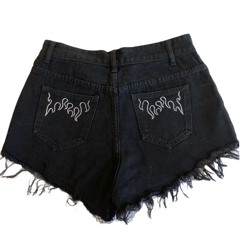 Raw Hem Embroidery Denim Shorts Flames Shein